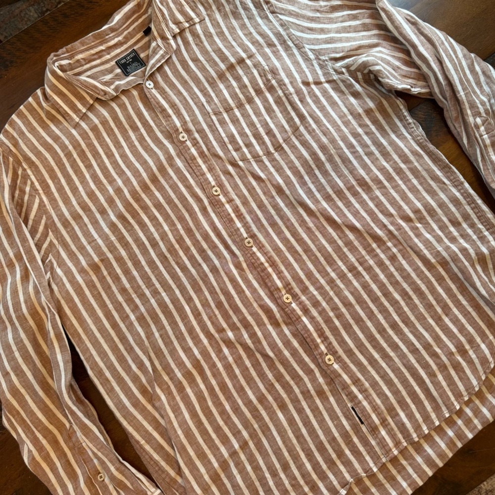 Todd Snyder Baird McNutt Irish Linen Striped Shirt Mens XXL Brown White Long Slv